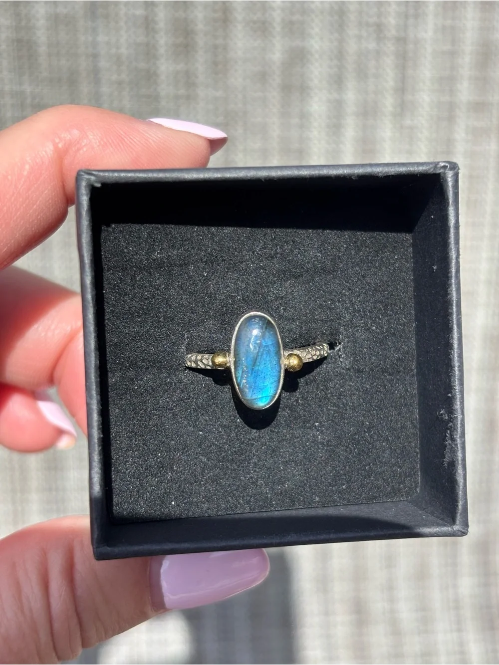 Sterling Silver Labradorite Ring - Blue Flash with gold plated accents size 7.25
